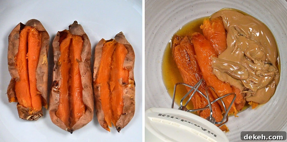 Left: Three baked sweet potatoes with slits down the center on a white plate. Right: Peeled sweet potatoes and a large dollop of peanut butter in a mixing bowl with a mixer.