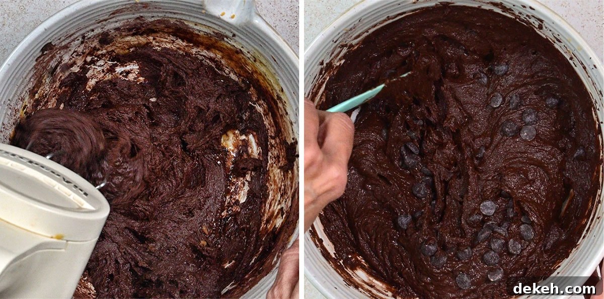 Side-by-side images showing thick chocolate brownie batter being mixed with an electric mixer on the left and stirred with a spatula and chocolate chips on the right.