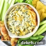 Top down view of a bowl of spinach artichoke dip surrounded with vegetable crudités and chips.