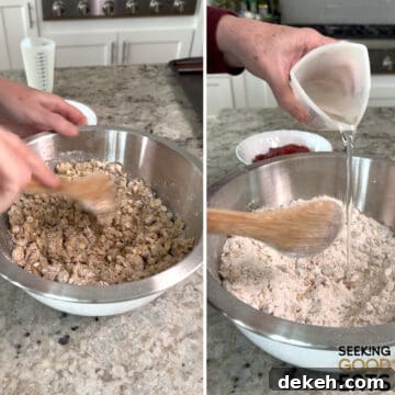 Mixing together the dry ingredients with the wet to make the crumble for strawberry oatmeal bars in a round silver bowl.