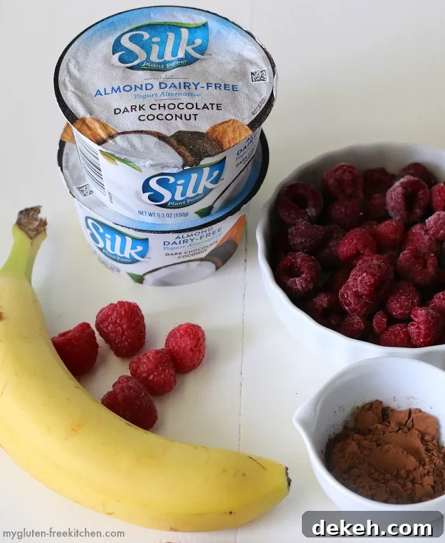 Ingredients for dairy-free Chocolate Raspberry Smoothie