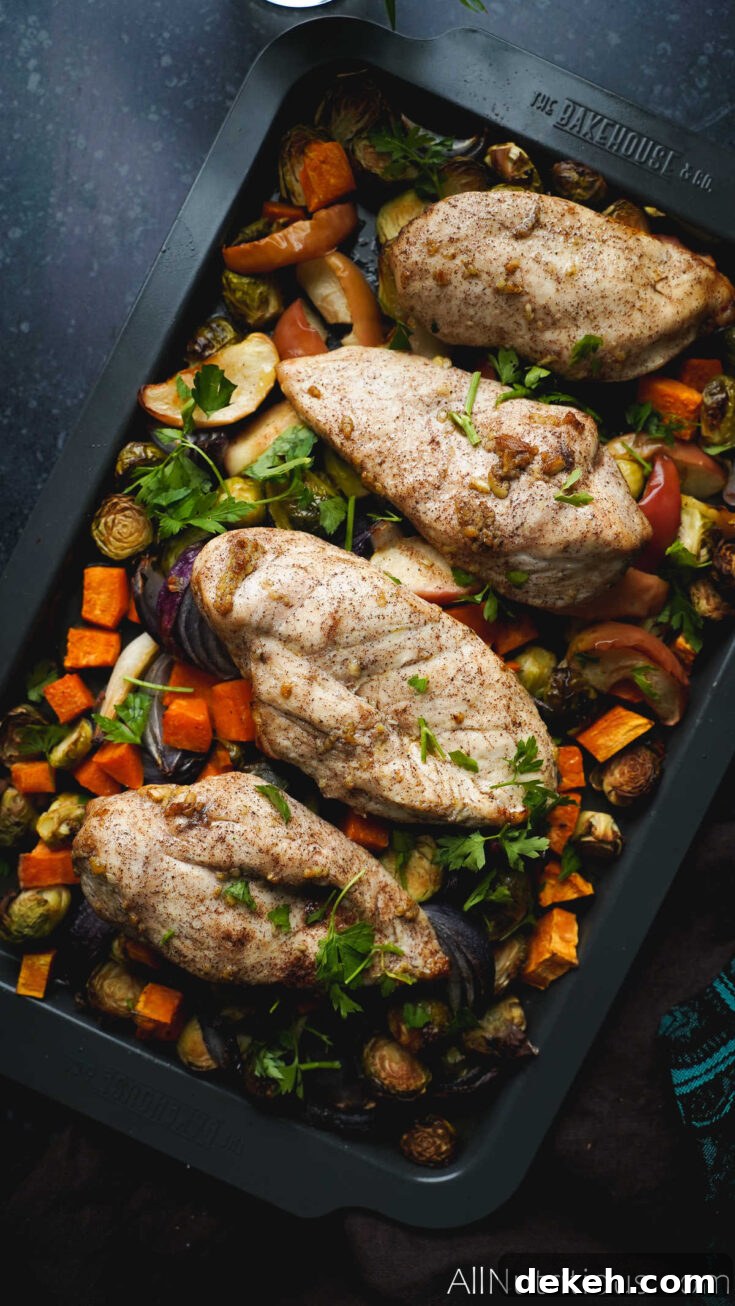 sheet pan chicken with sweet potatoes, apples and brussel sprouts