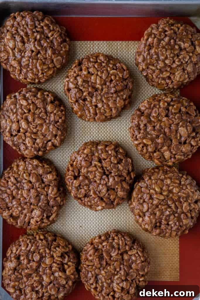 overhead shot of no bake cookies on baking sheet