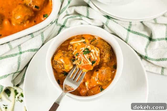 overhead view of keto italian meatball casserole in a small serving bowl