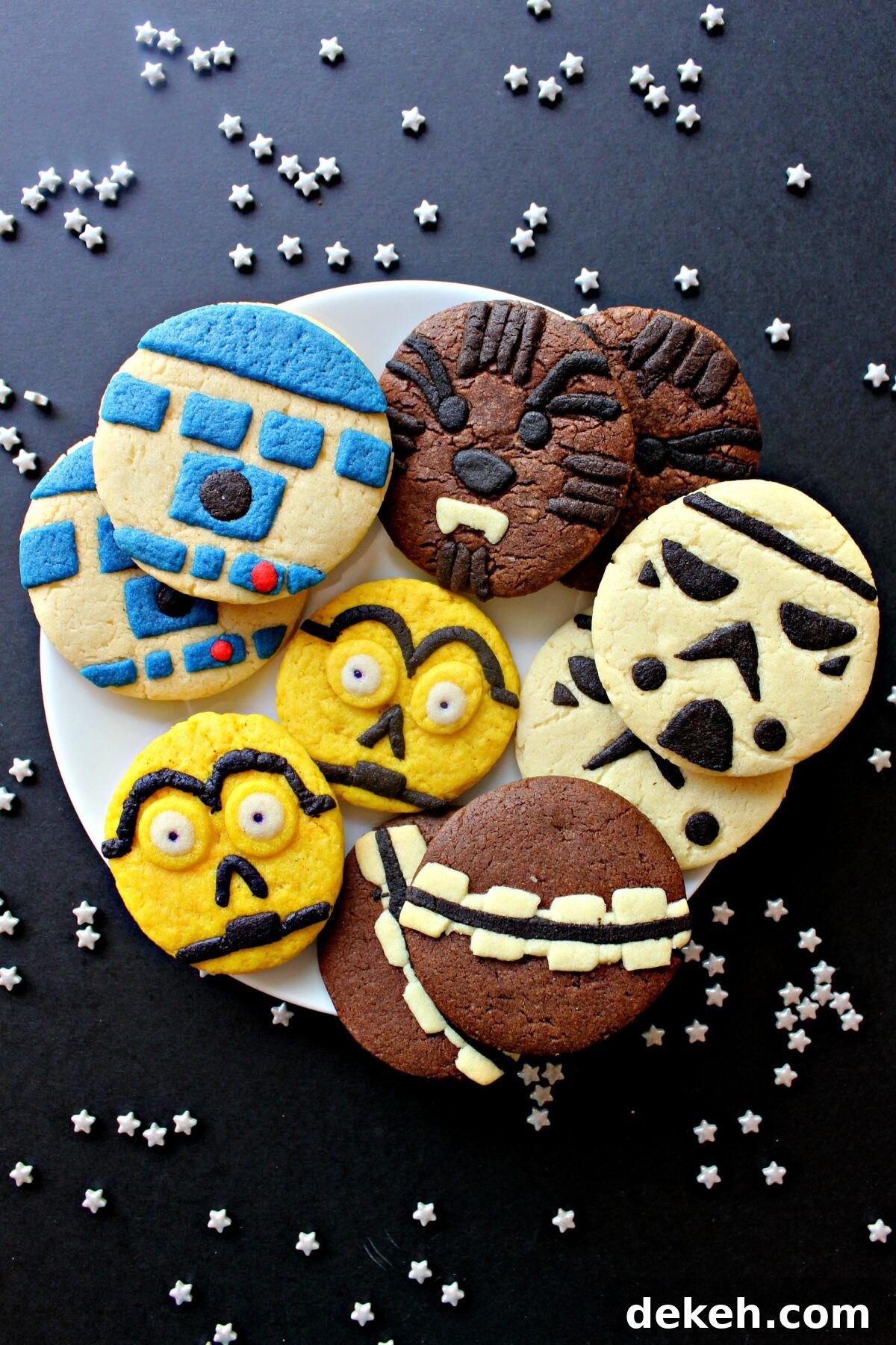 Sugar cookies decorated with colored cookie dough to look like Star Wars characters.