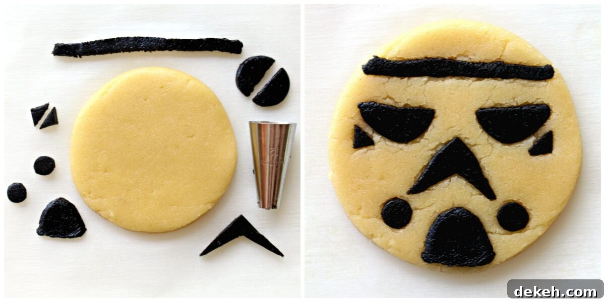 Assembly instruction images for Storm Trooper cookies.