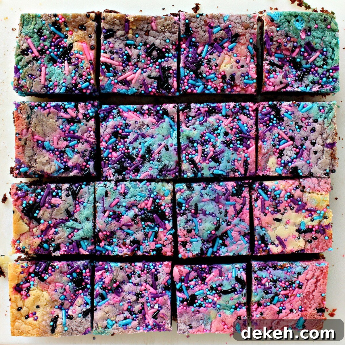 Colorful Galaxy Brownies topped with sprinkles.