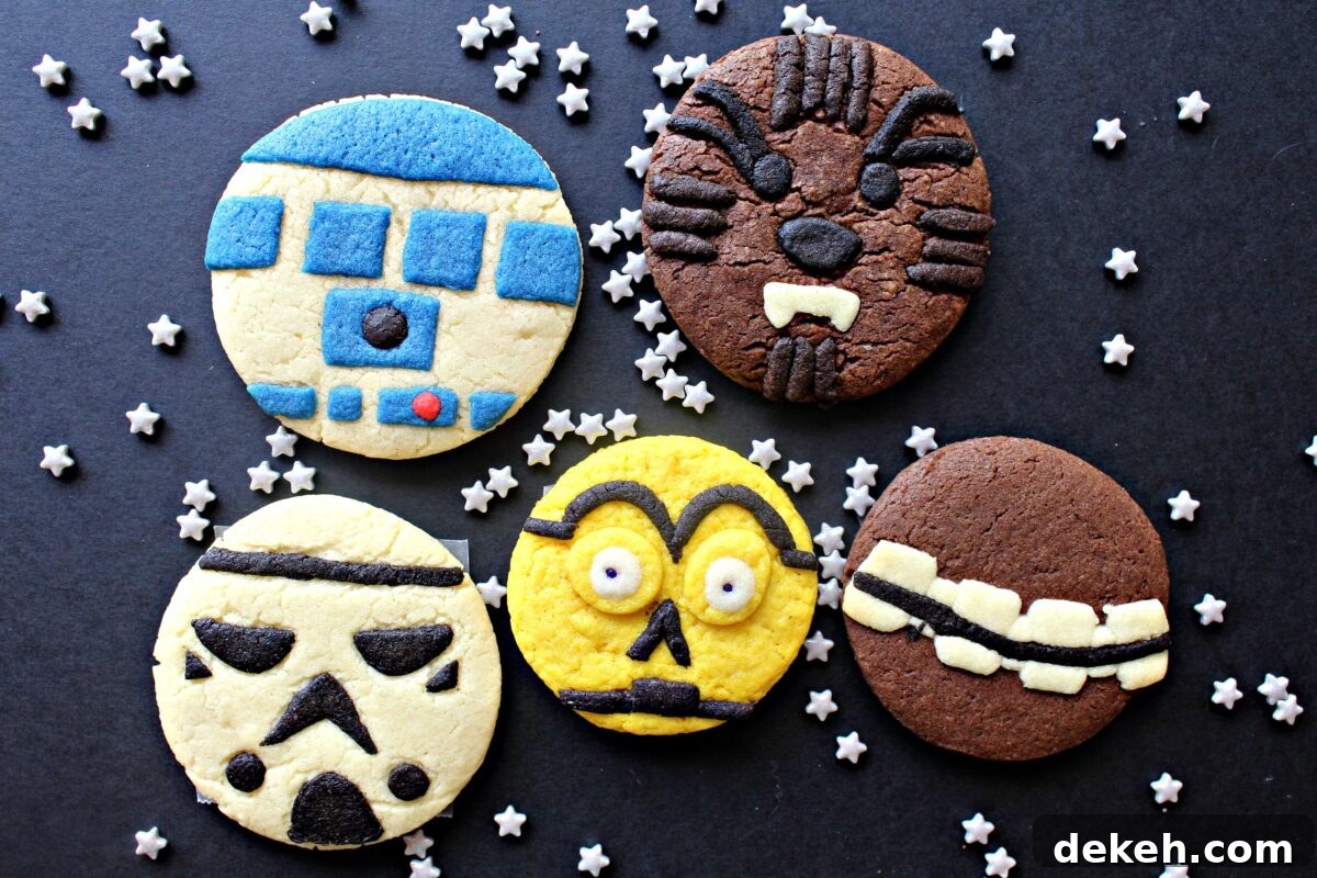 Sugar Cookies decorated like R2D2, CP3O, Wookie, Storm Trooper, and Wookie belt.