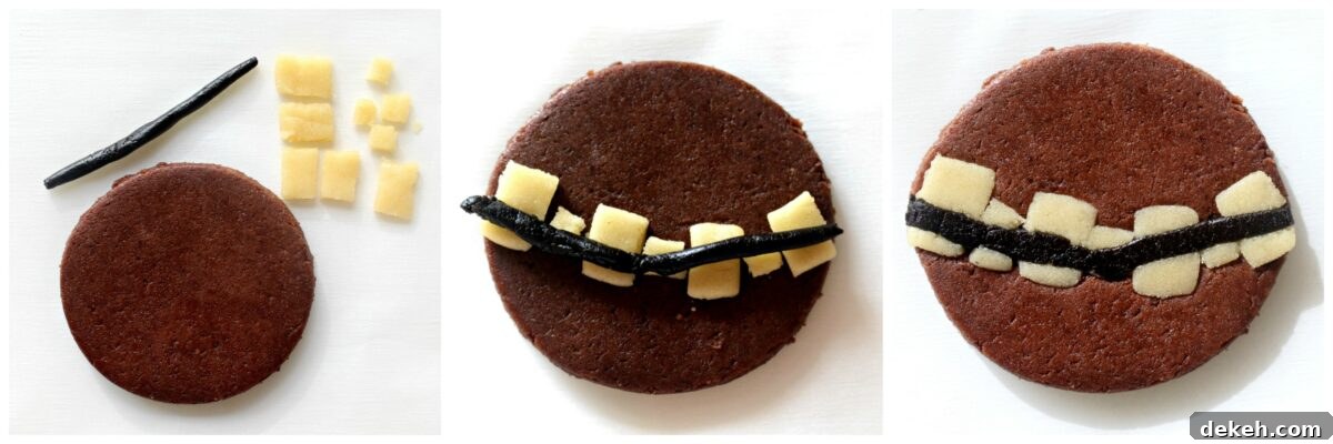 Assembly instruction images for Chewbacca's ammunition belt cookies.