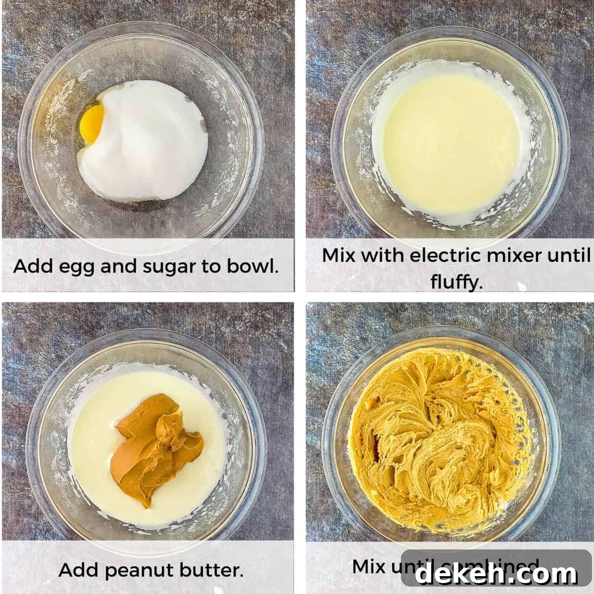 A collage of four photos showing how to combine three ingredients to make the peanut butter cookie dough.