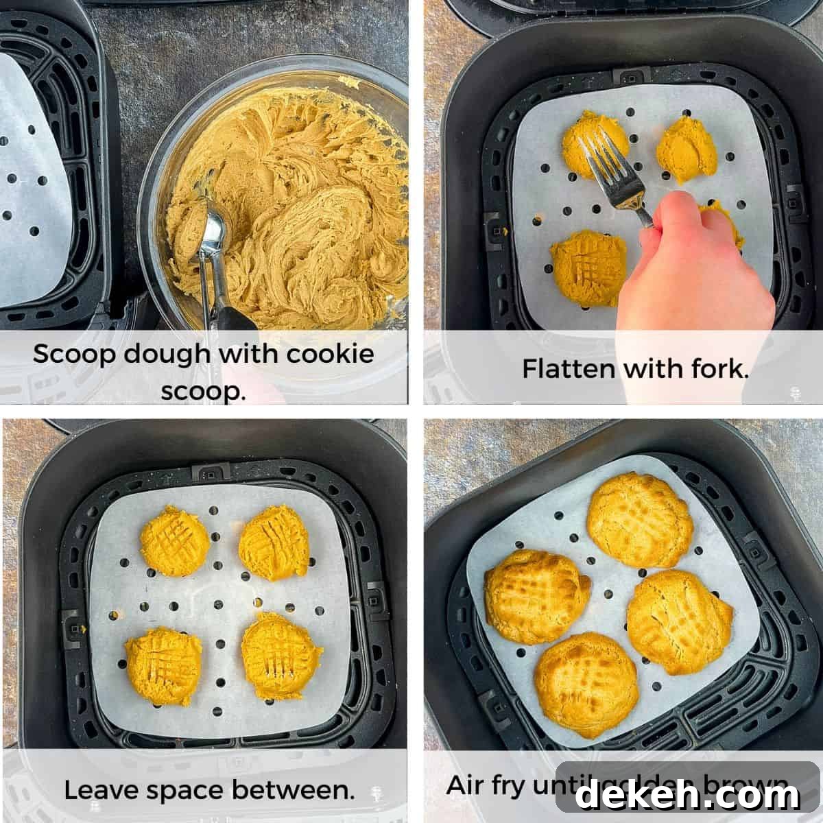A collage of four photos showing how to scoop the dough, make criss-cross pattern, and what they look like after they are cooked.