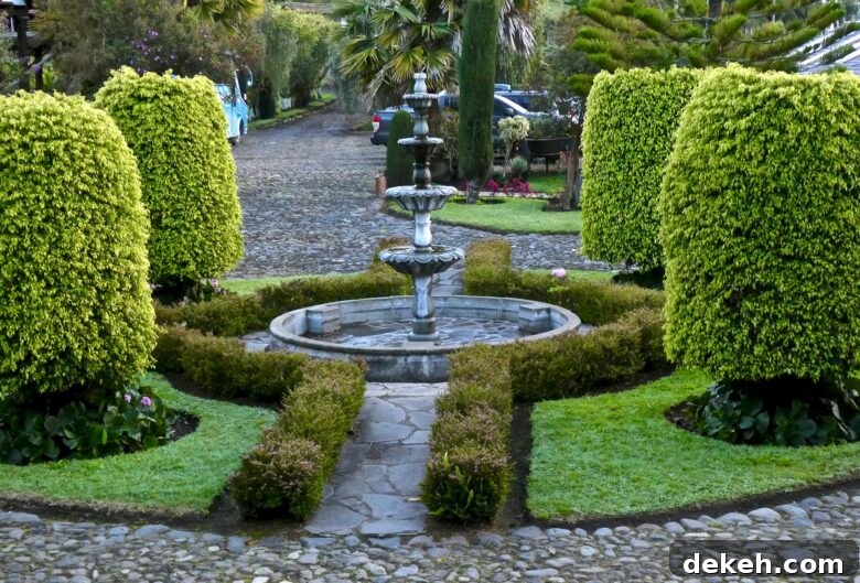 Fountain in manicured garden