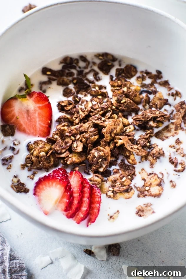 This easy dark chocolate paleo grain free granola is gluten free, dairy free, and packed with all the things you love about granola without any of the grains. Easy to make, good for you, and so freaking delicious. I know it's going to earn a fast spot in your heart and in your kitchen!