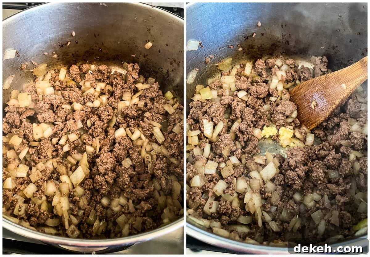 process shots - browning ground beef and onions in a pot