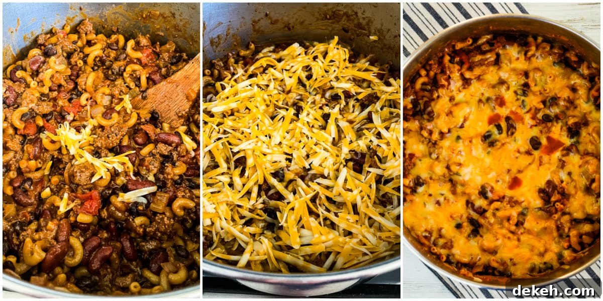 process shots- adding cheese to chili macaroni and cheese