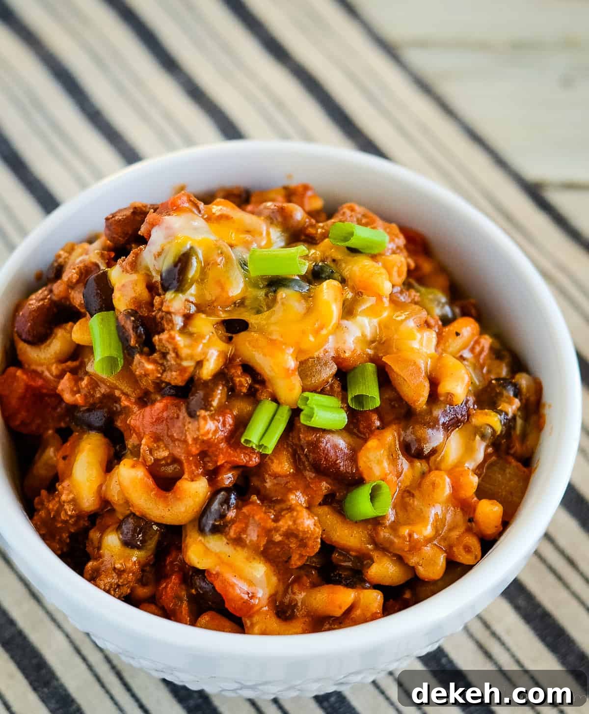 overhead shot of bowl of chili mac and cheese