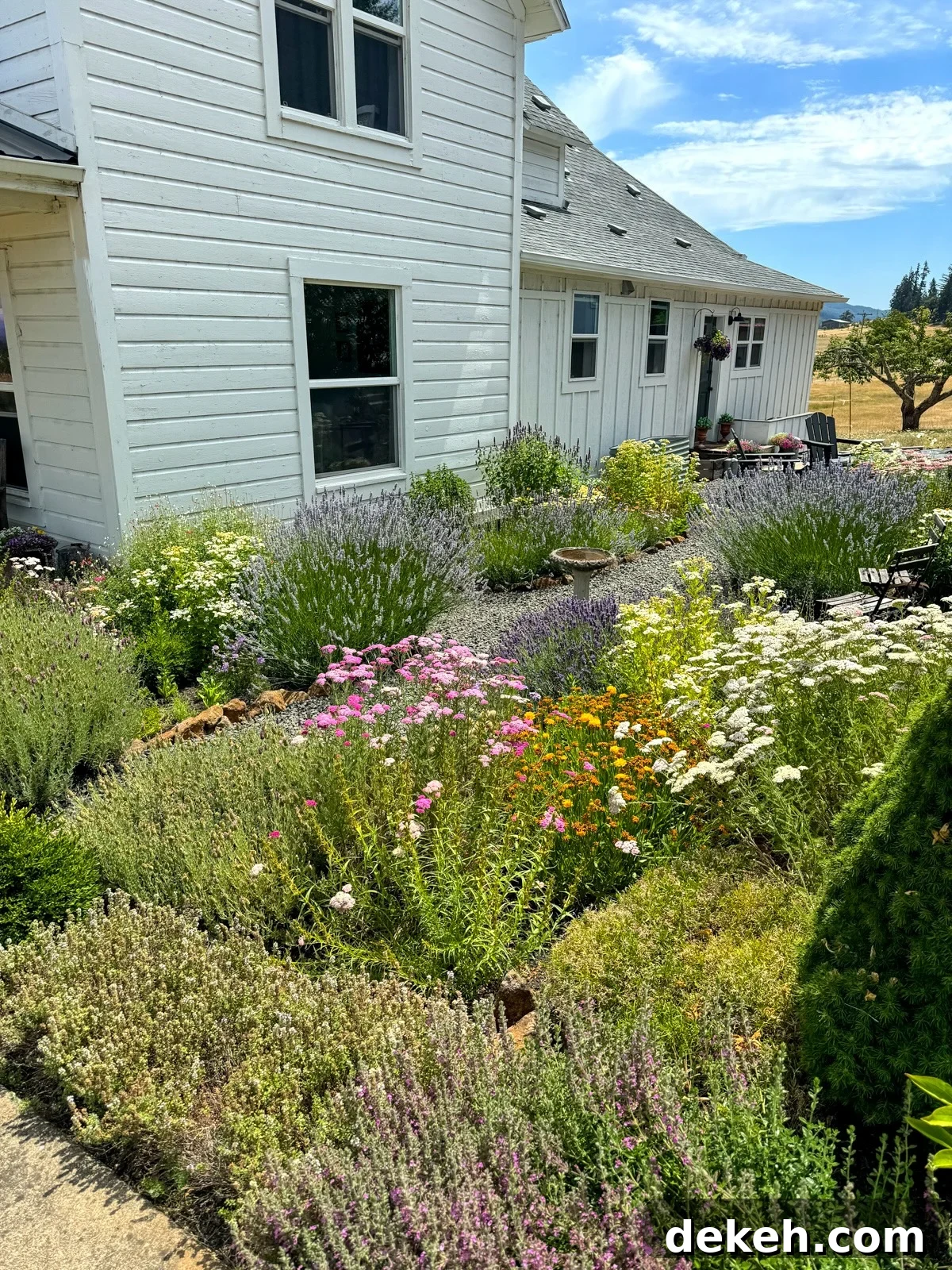 side of farmhouse with herb and flower garden in pinks, whites, and yellows.