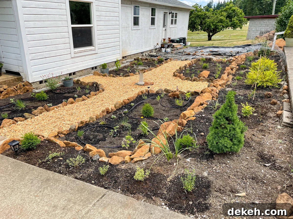 newly planted herb and flower garden with wood chip paths.