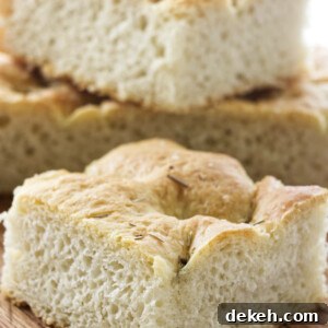 a thick square of light and airy Focaccia bread
