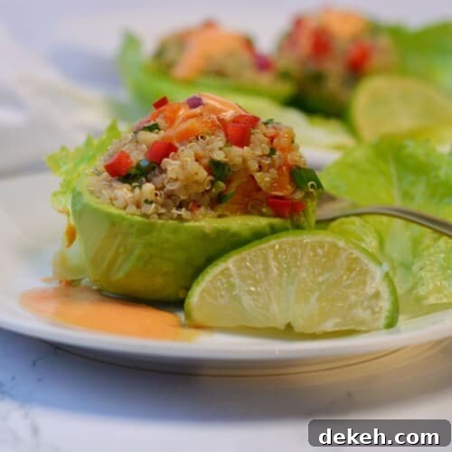 fresh avocado stuffed with quinoa salad and habanero sauce on white plate