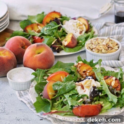 plated grilled peach and burrata salads.