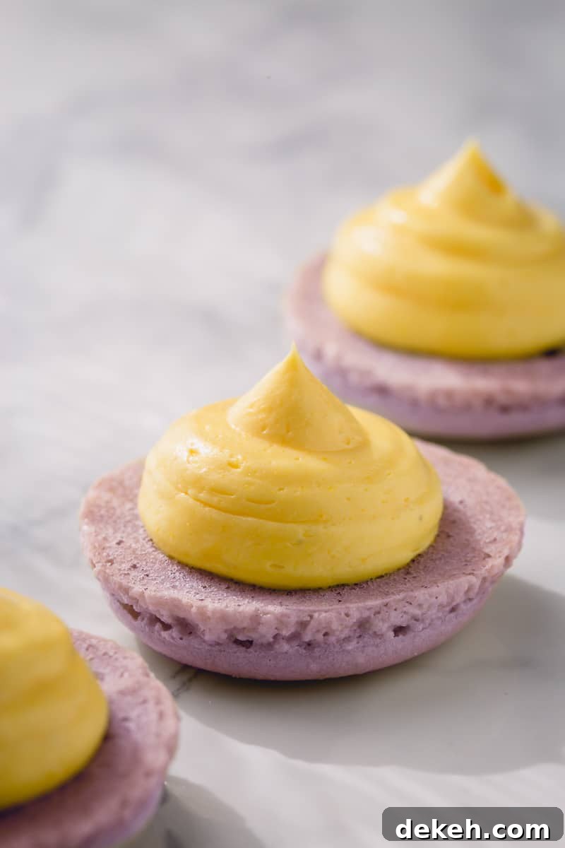Buttercream dollops on macaron halves.