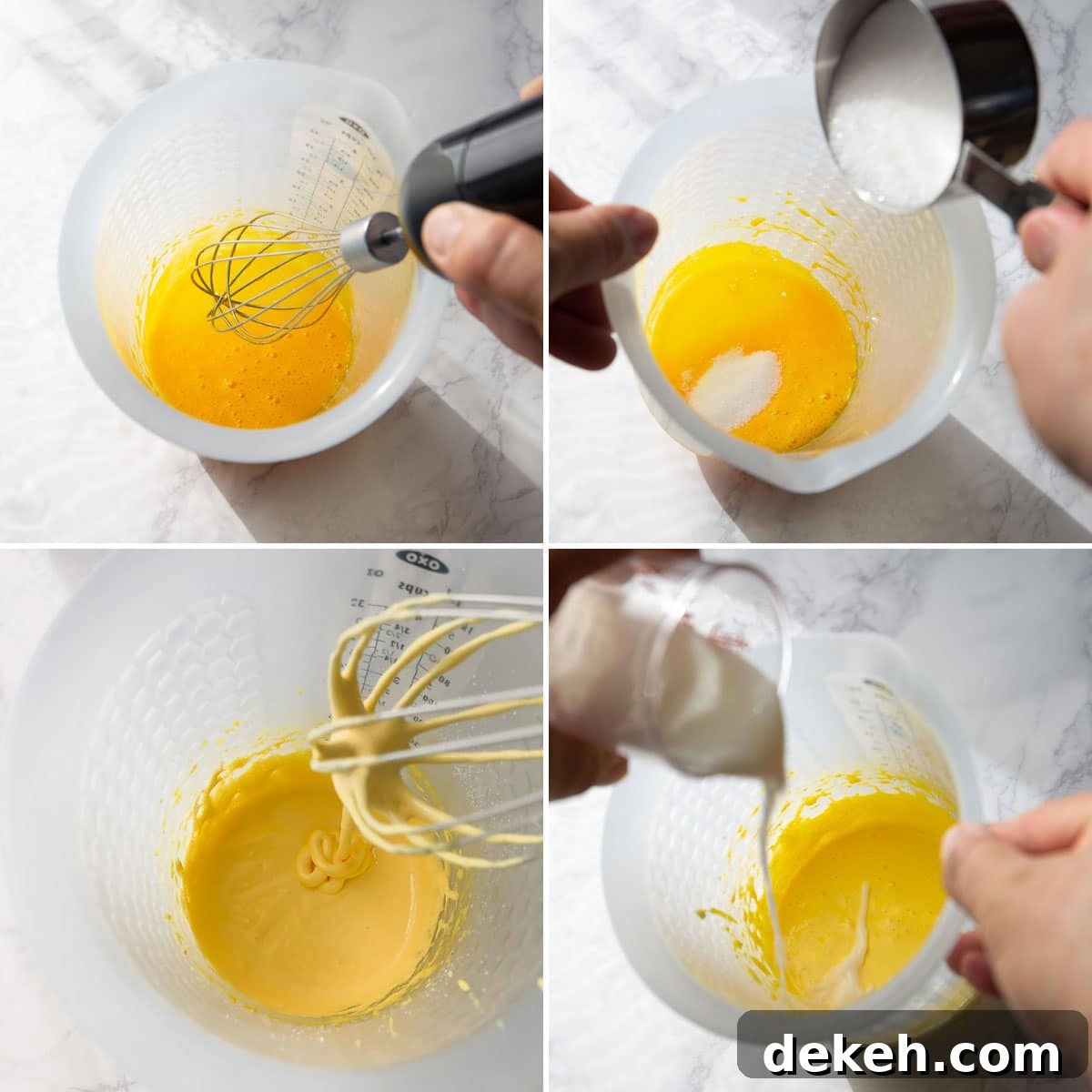 Step by step photos of whipping egg yolks with sugar until thick and pale.