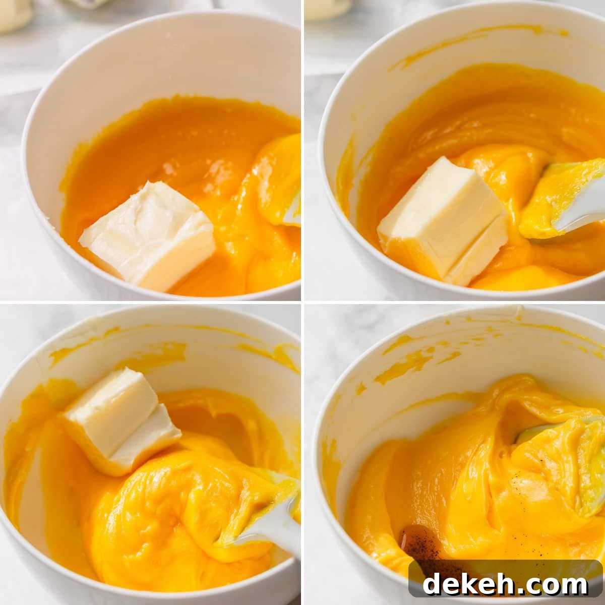 Adding butter into cooked yolk mixture one piece at a time.