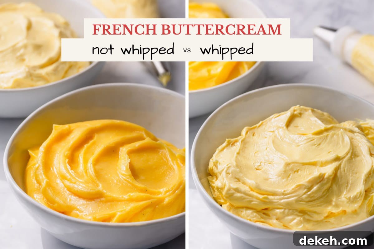 Comparison image of whipped and not whipped French buttercream.