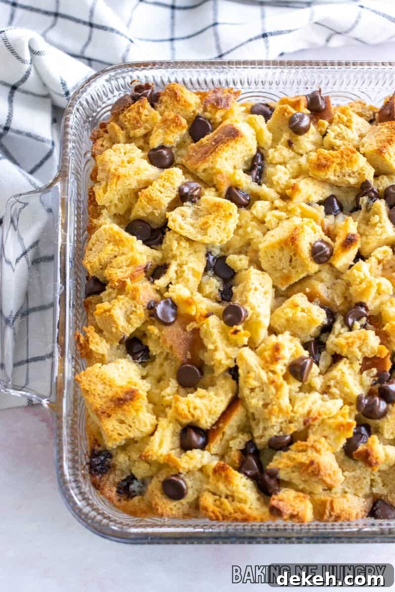 overhead shot of chocolate chip bread pudding