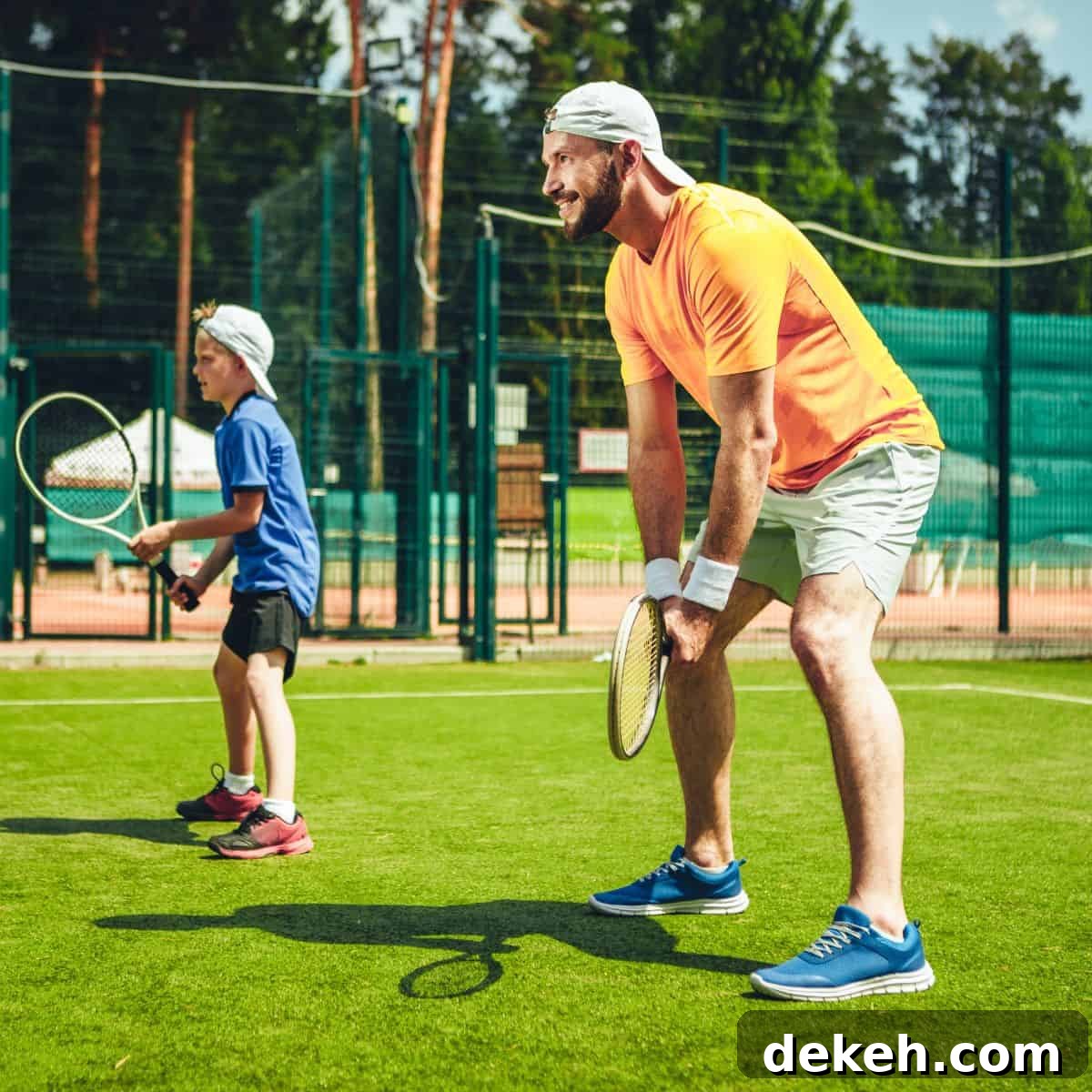 dad and son playing tennis happy