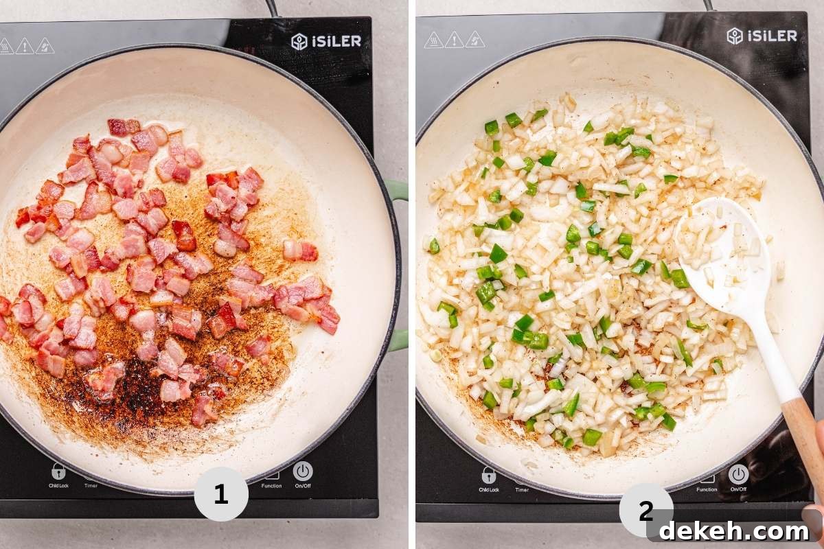 Cooking the bacon and sautéing the onion and jalapeño.