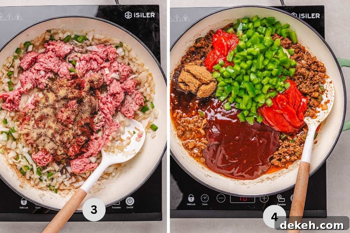 Cooking the beef then adding the rest of the ingredients.