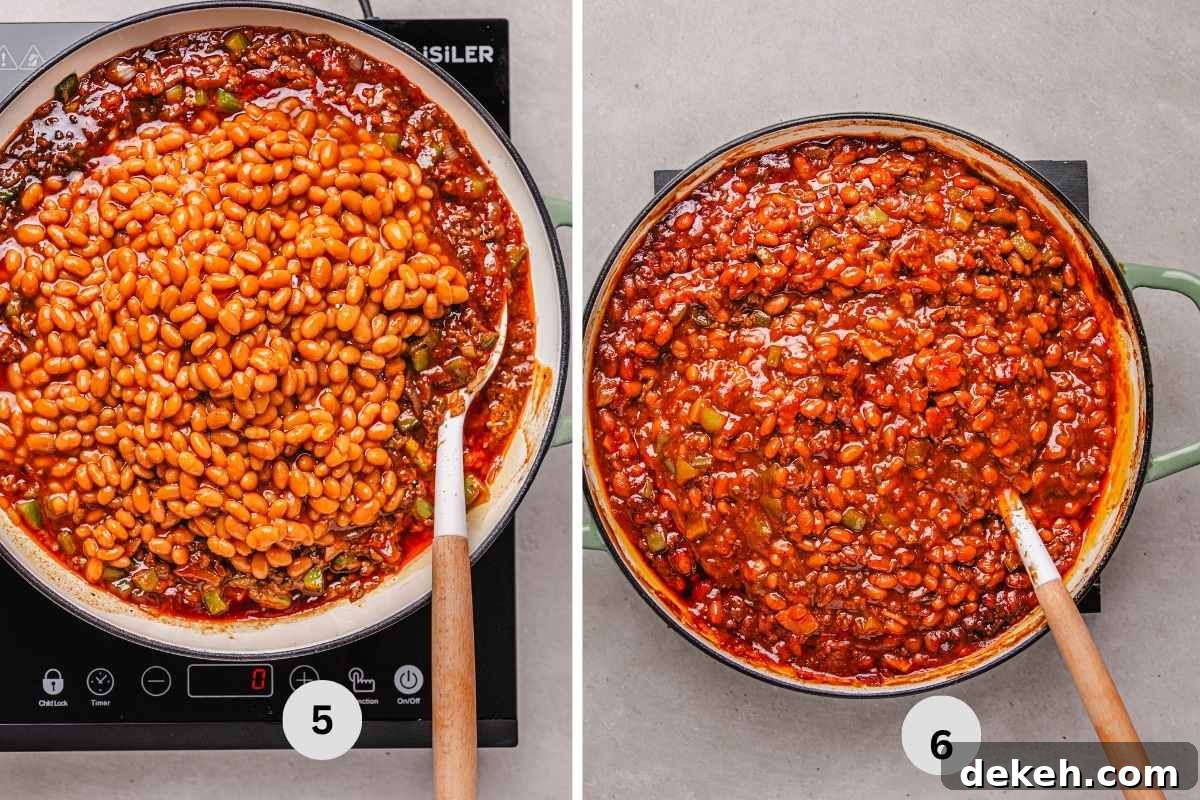 Adding the baked beans and cooked bacon into the rest of the sauce.
