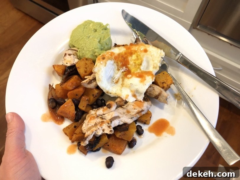 squash hash with black beans avocado chicken and fried eggs