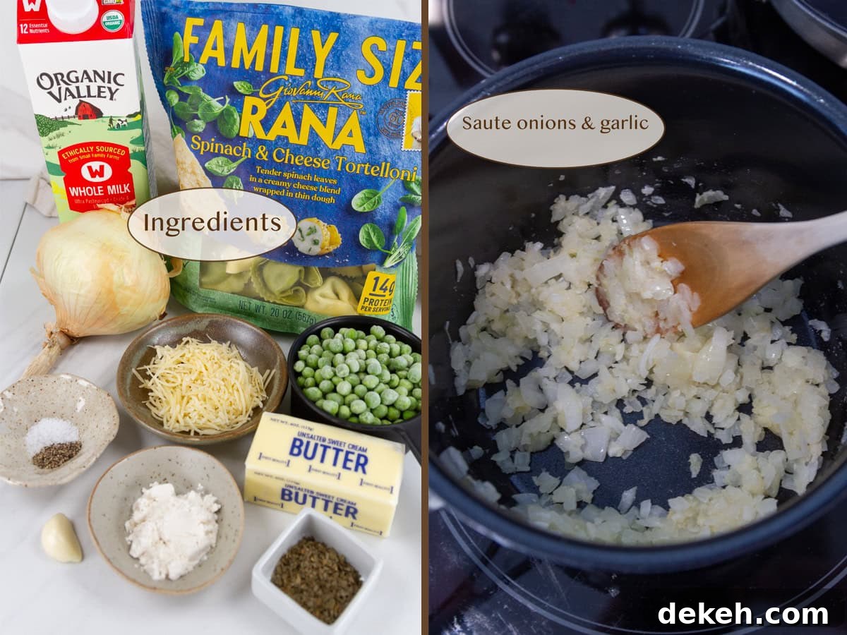 ingredients on left and cooking onions on right.