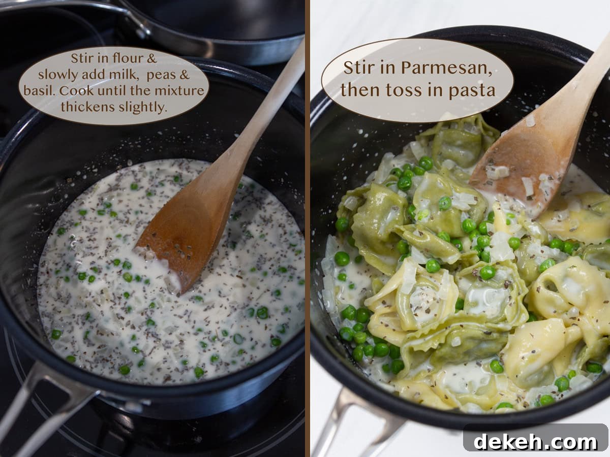 white sauce with peas and onions on left and added tortellini on right.