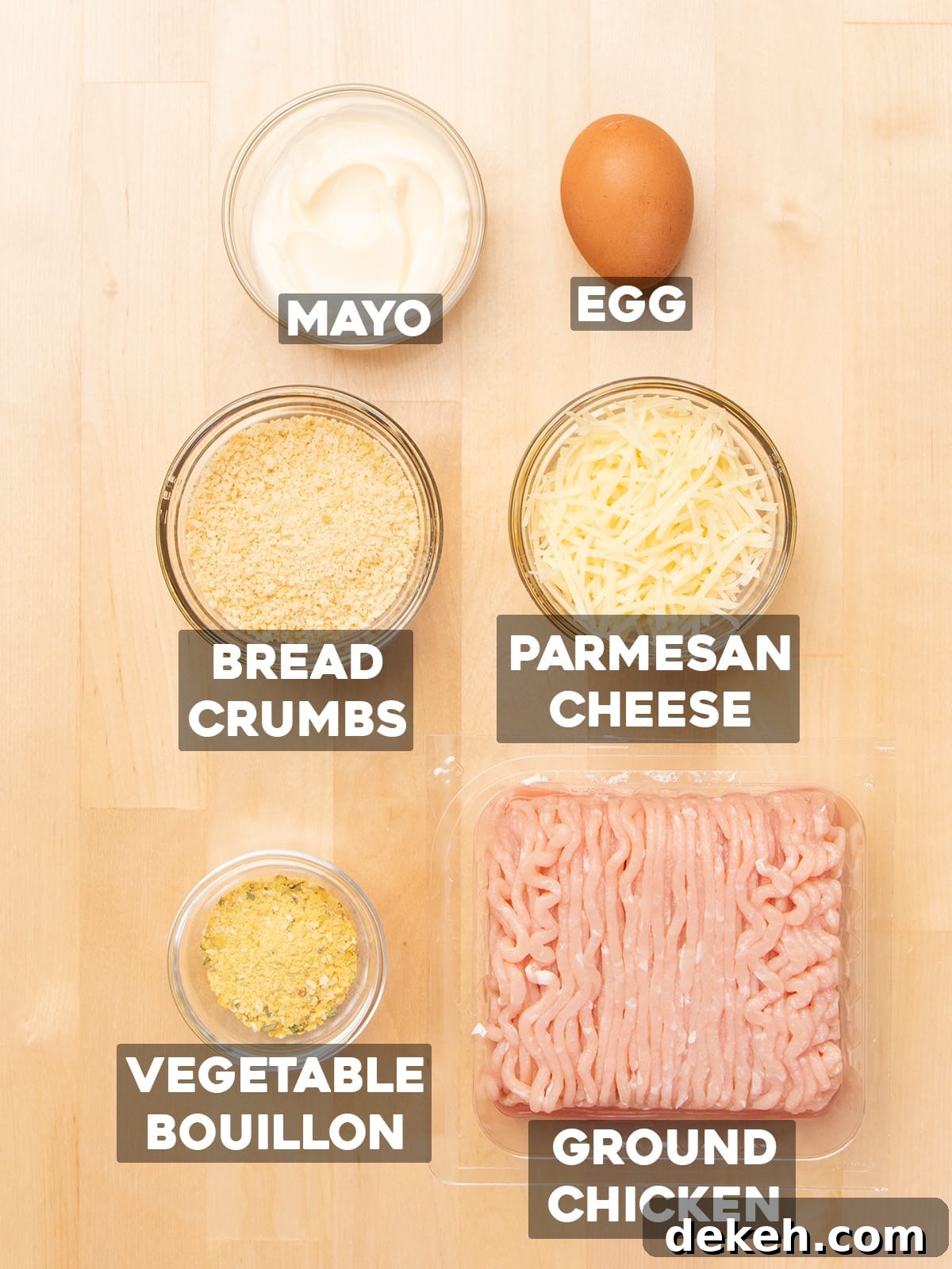 baked chicken meatballs ingredients in small bowls with words on top