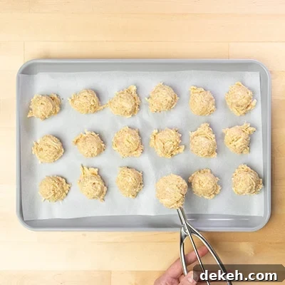 18 raw mounds of chicken meatball mixture with one in hand-held metal ice cream scoop