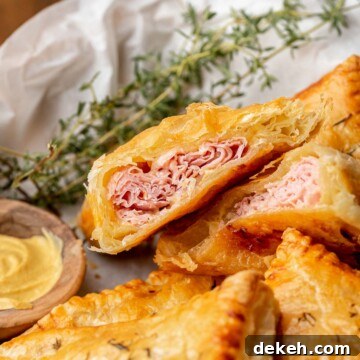 Ham and cheese puff pastry cut open to expose the center.