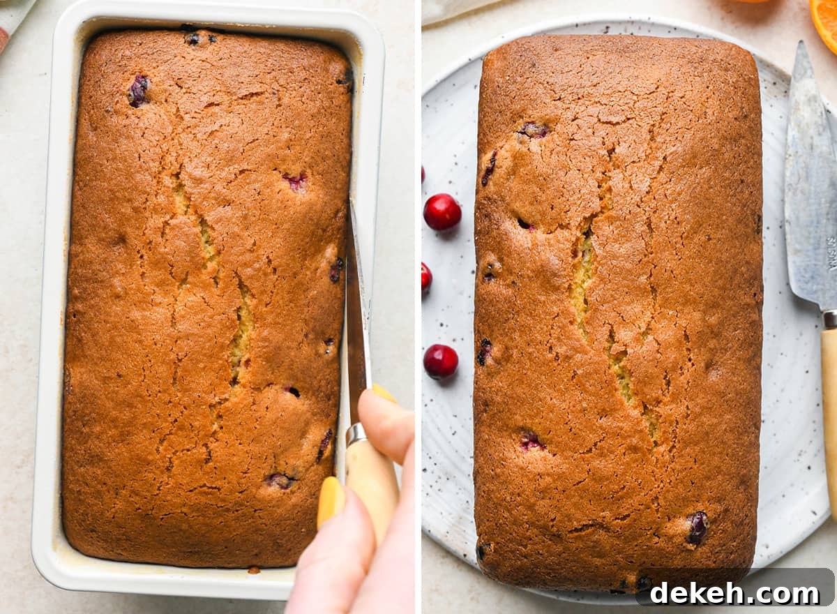 two photos showing removing Cranberry Orange Bread from the baking pan and putting it on a plate