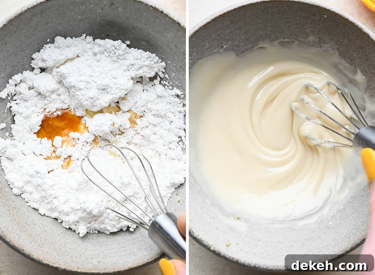 two photos showing how to make the glaze for Cranberry Orange Bread
