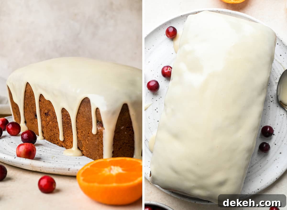two photos showing Cranberry Orange Bread after the glaze has hardened.
