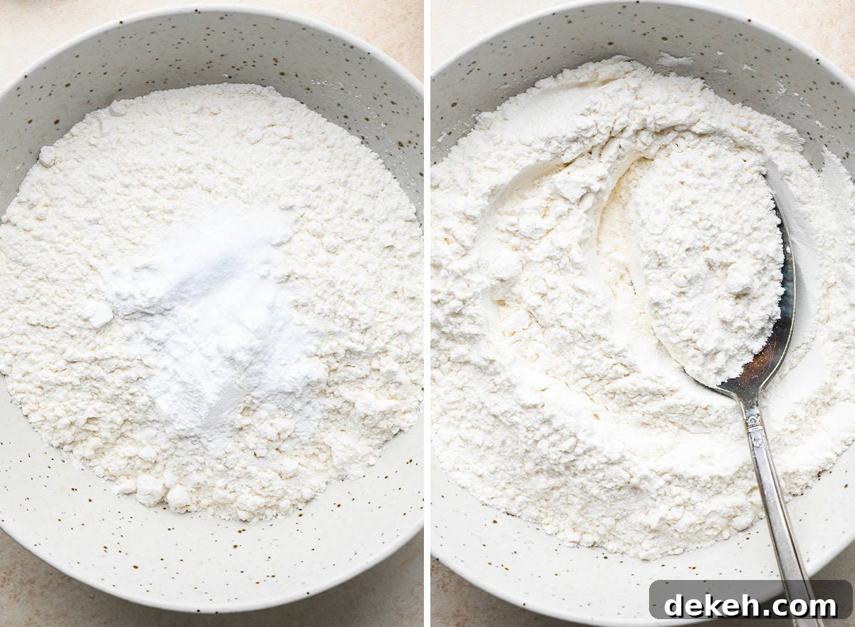 two photos showing how to make Cranberry Orange Bread - combining dry ingredients