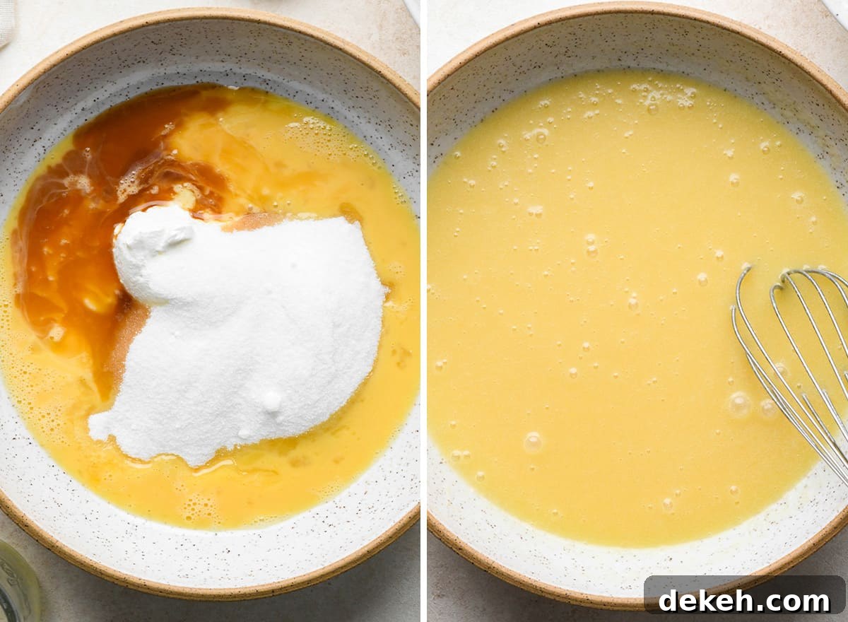 two photos showing how to make Cranberry Orange Bread - whisking together wet ingredients