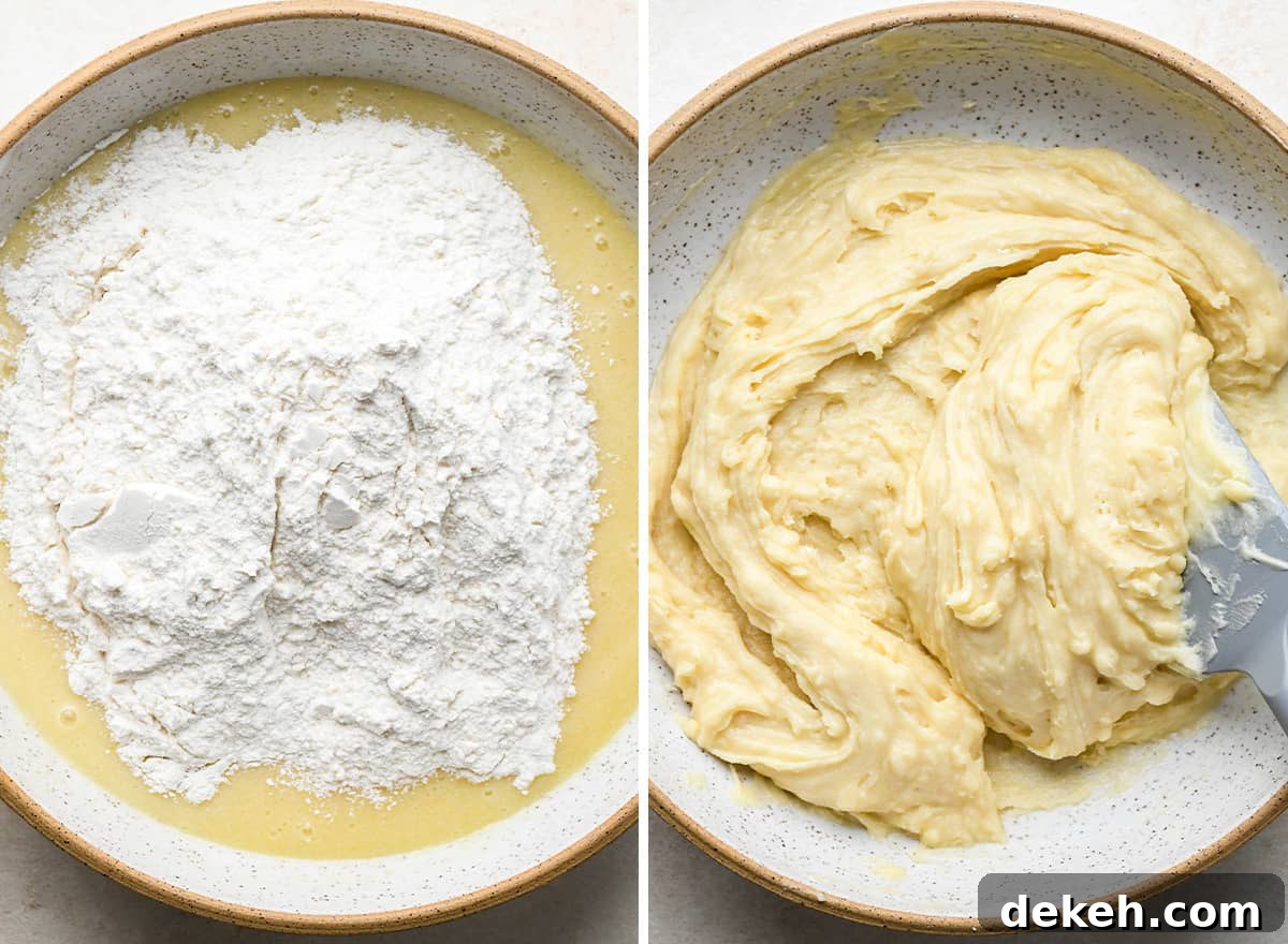 two photos showing how to make Cranberry Orange Bread - combining wet and dry ingredients