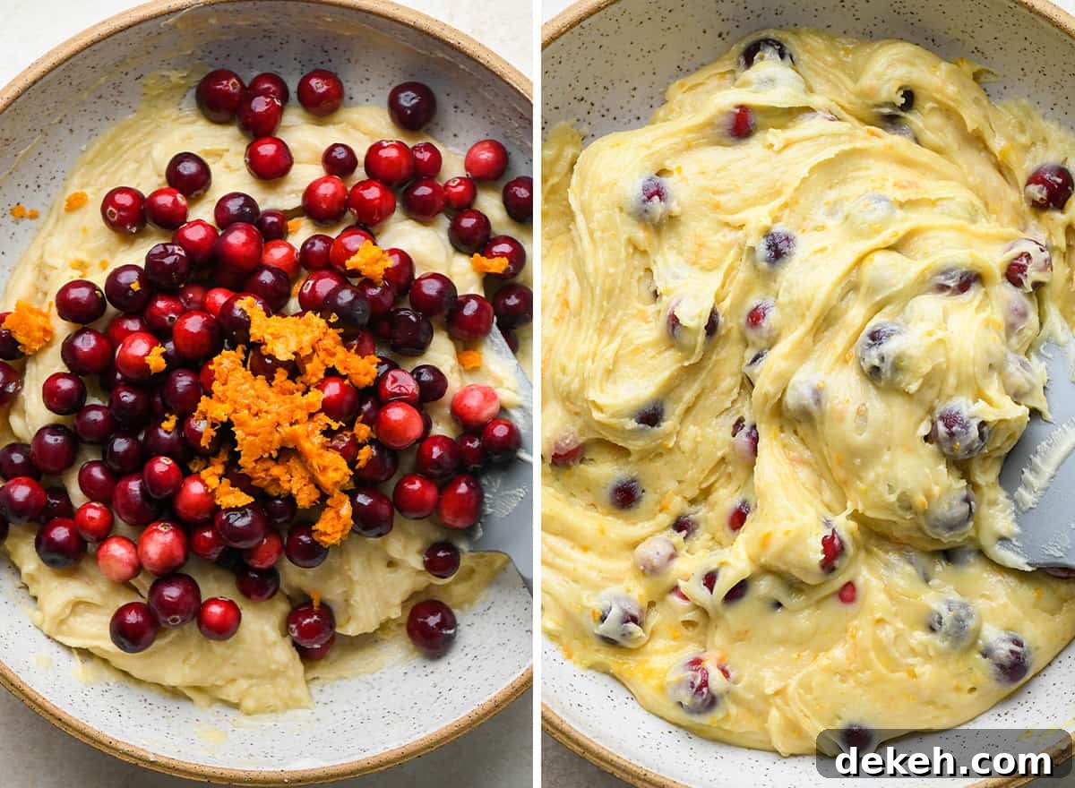 two photos showing how to make Cranberry Orange Bread - stirring in cranberries and orange zest