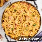 overhead close up of a skillet of crawfish fettuccine