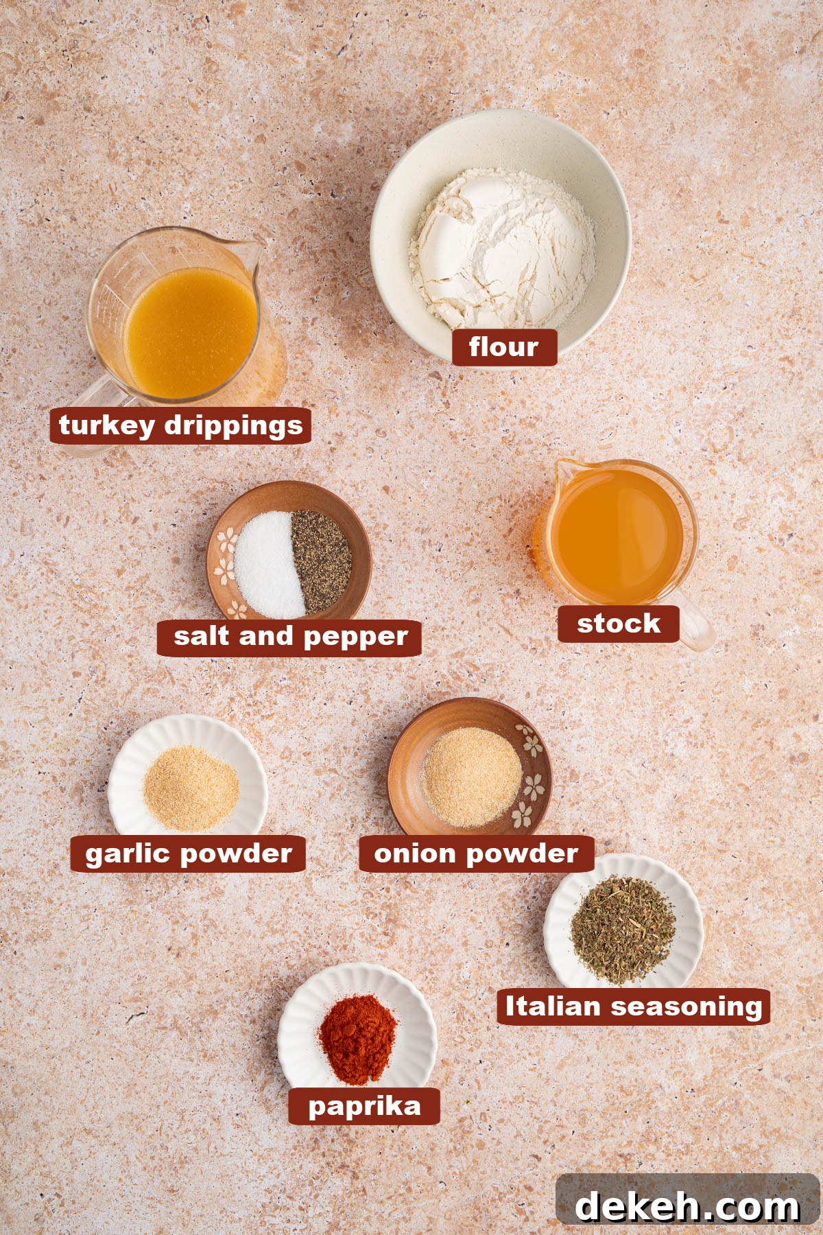All of the ingredients for turkey gravy from drippings in bowls on a countertop.