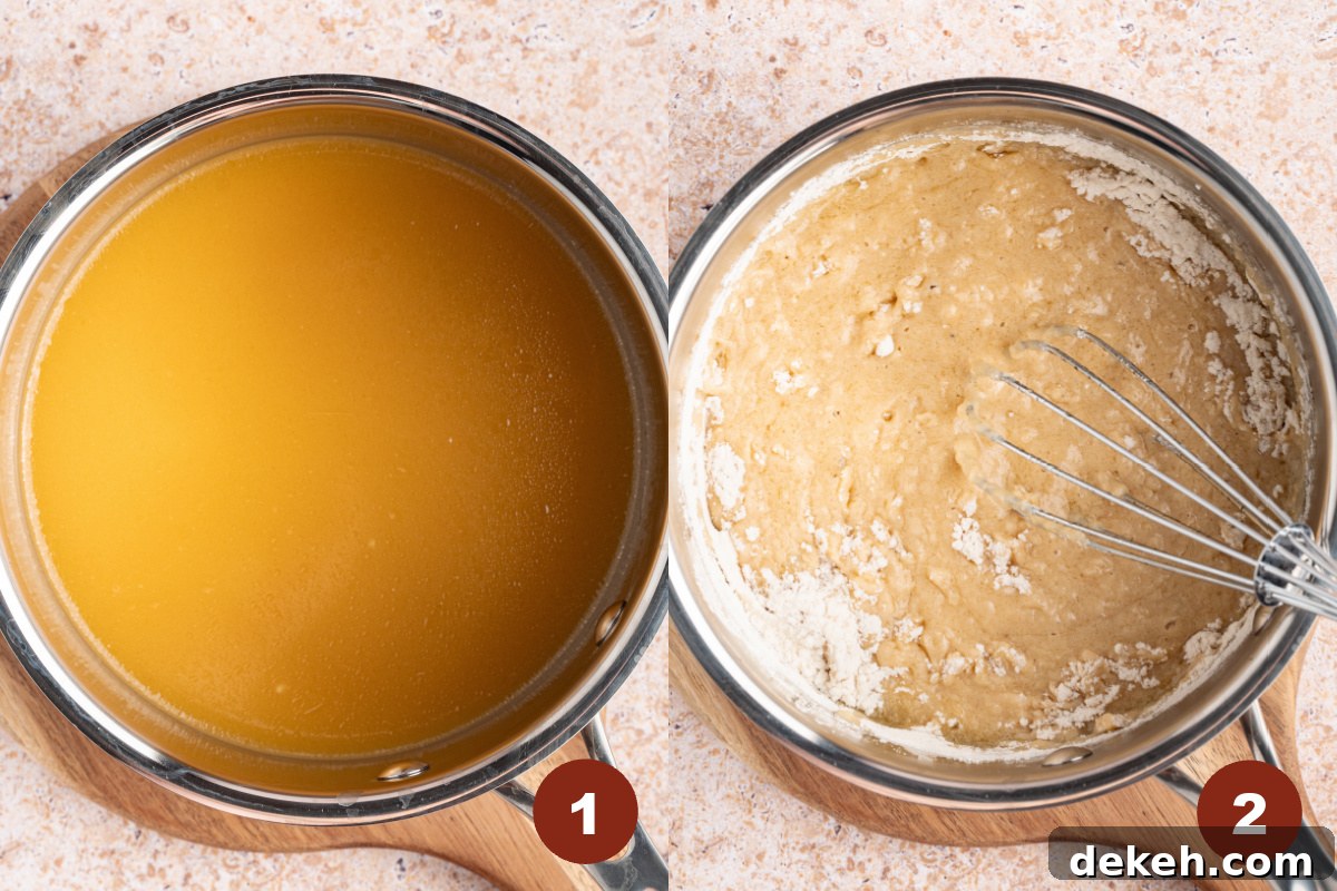 Turkey drippings in saucepan before and after adding the flour.